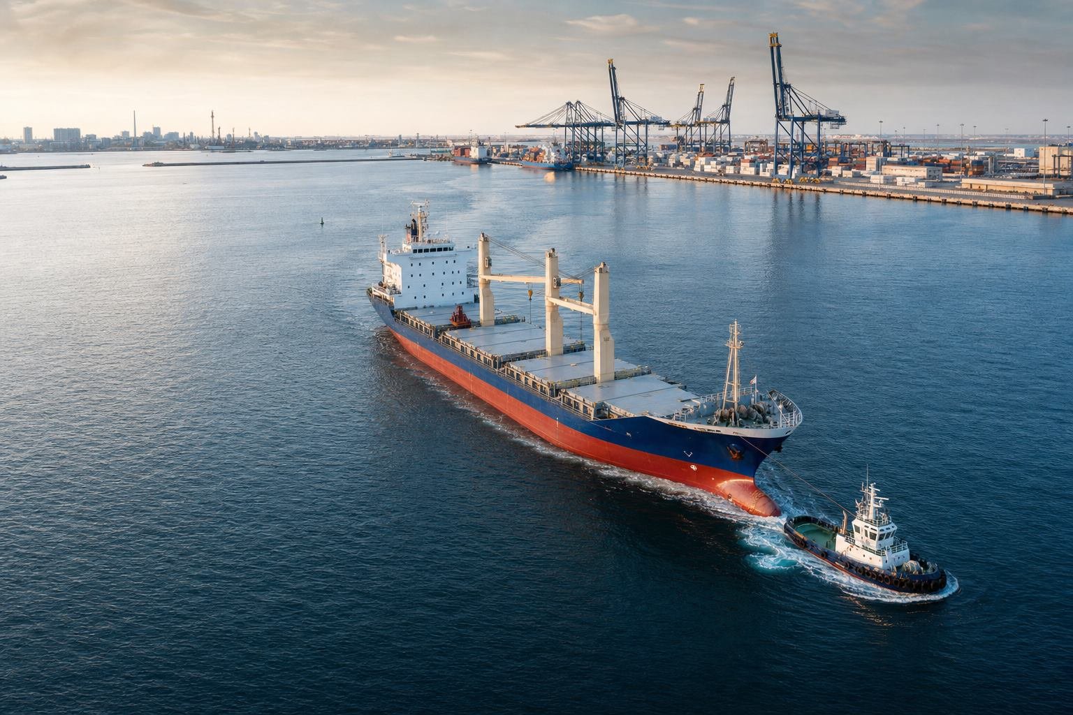 Commercial cargo vessel entering a Gulf port with tug assistance