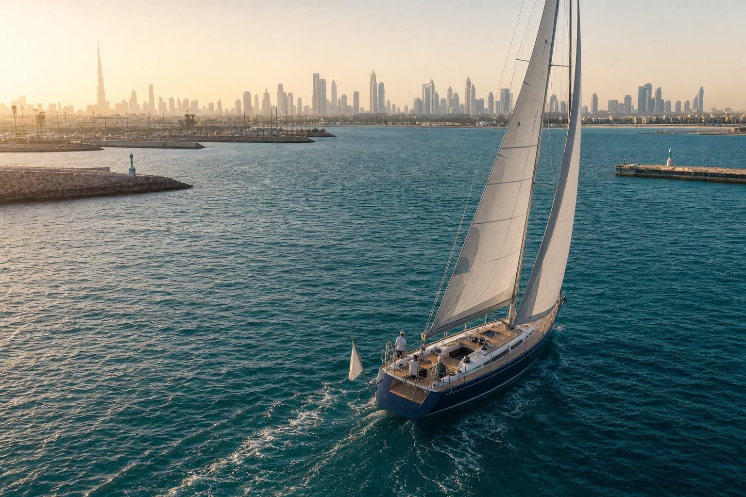 International sailing yacht arriving in Dubai coastal waters