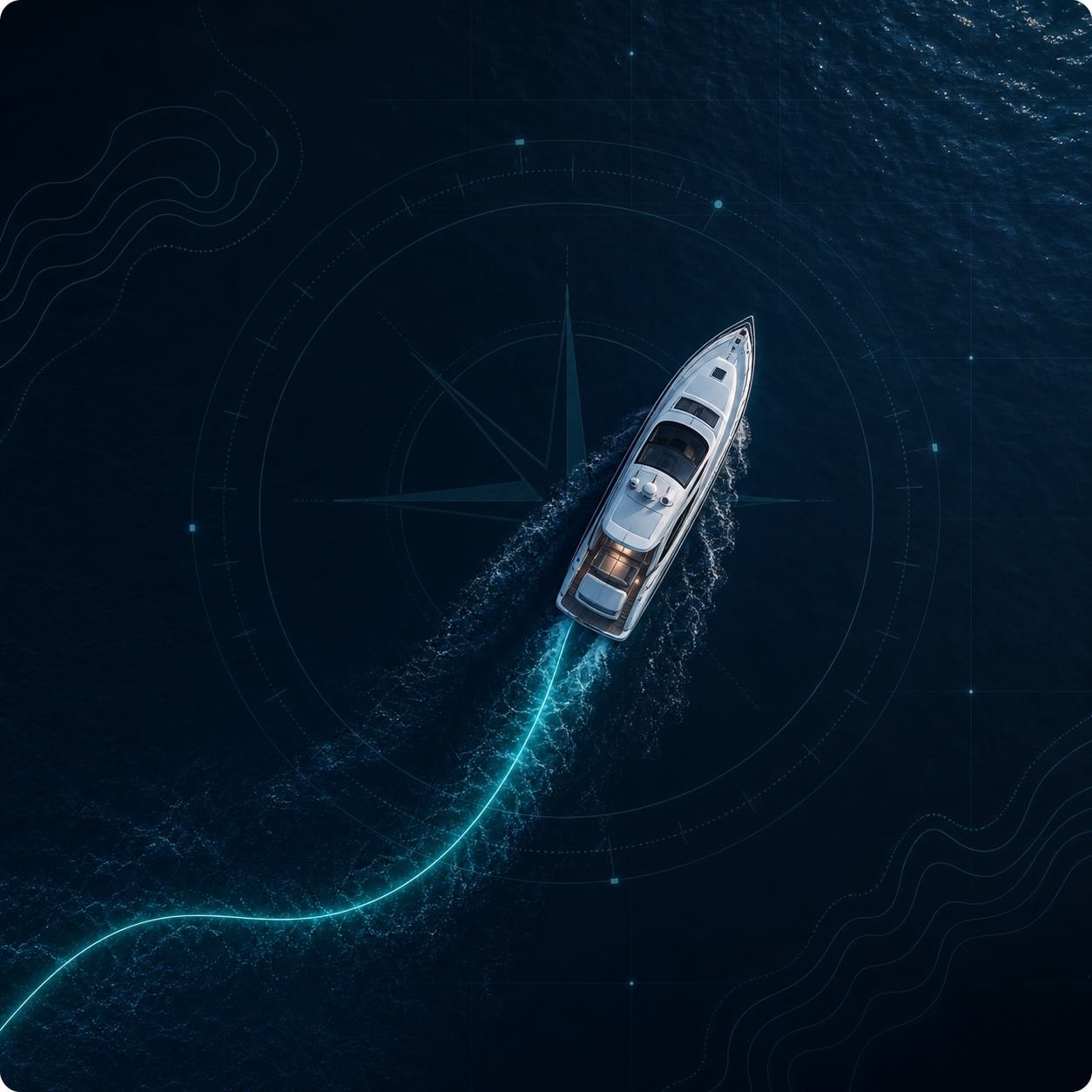 Top-down yacht following a teal navigation route across deep navy water
