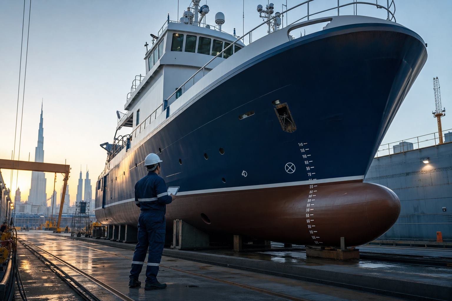 Marine surveyor inspecting a commercial vessel in dry dock