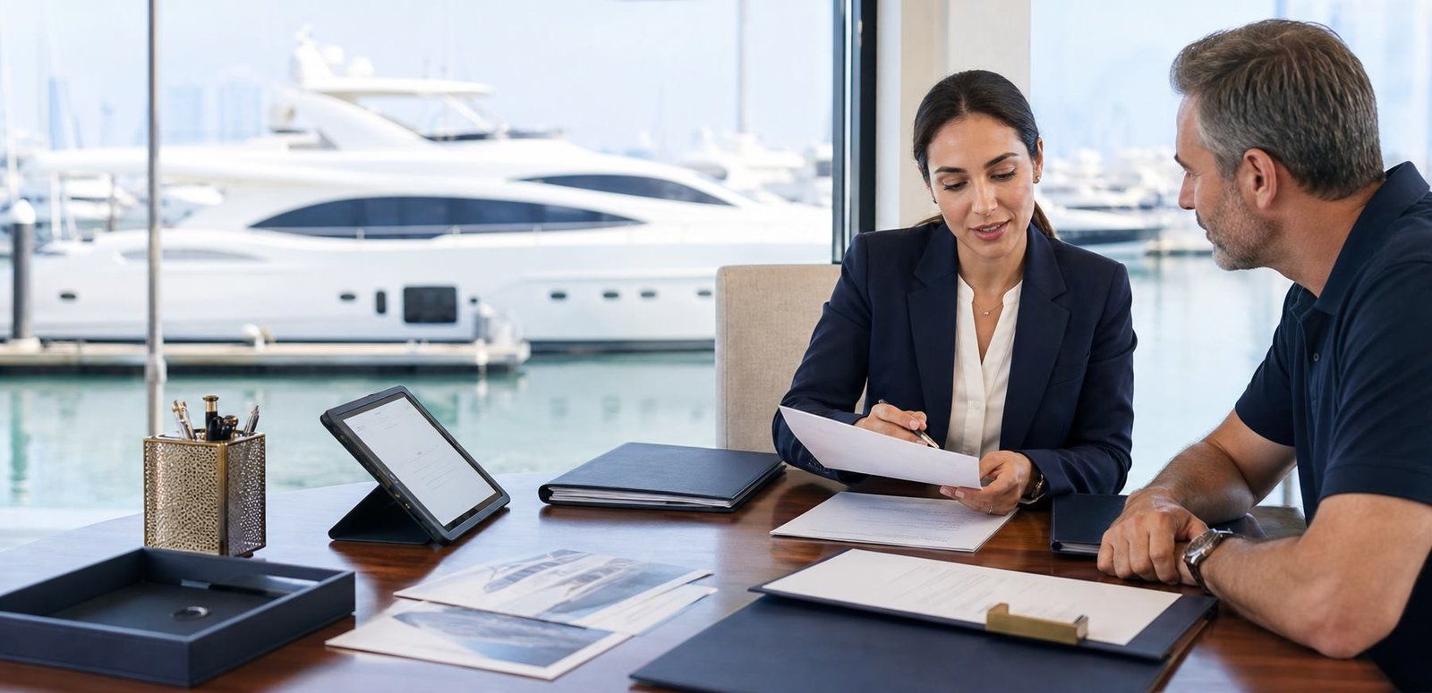 Generated yacht insurance document review scene